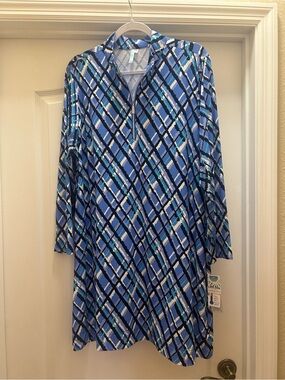 Beachtime by Lulu-B Blue Plaid Long Sleeve A-Line Dress